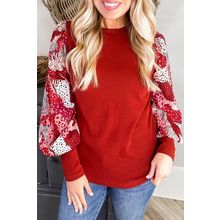 Fiery Red Contrast Mixed Animal Print Lantern Sleeve Patchwork Top