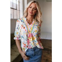 Pink Boho Flower Print Half Puff Sleeve Blouse