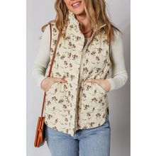 Apricot Floral Print Zip Up Quilted Vest
