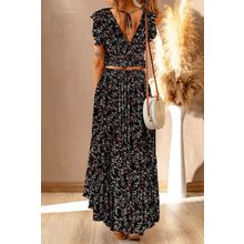 Black Multicolor Floral Ruffled Crop Top and Maxi Skirt Set