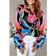 Black Abstract Print Ruffled Sleeve Buttoned V Neck Blouse