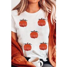 White Glitter Pumpkin Patched Cotton Blend T Shirt