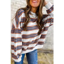 Brown Stripe Crew Neck Drop Shoulder Pullover Sweatshirt