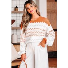 Khaki Zigzag Geometric Pattern Knitted Pullover Sweater