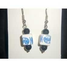 Oriental Chinnese style white ceramic cube blue script earrings