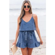 Ashleigh Blue Spaghetti Straps V Neck Belted Ruffled Leg Chambray Romper