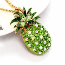 Hot Fashion Green Bling Fruit Pineapple Crystal Pendant Sweater Women Necklace