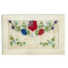 WW1 Embroidered Silk Postcard, Flowers, Flag.