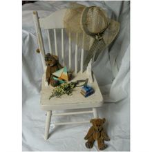 Decorative Painted White Wood Shelf Size Chair With Bears, Books, Hat & Boat