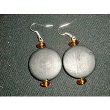 Fabulouse large flat black wood & orange glass button swing earrings