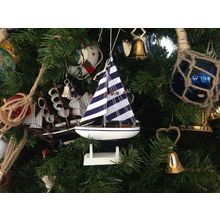 Pack Of 2] Wooden Blue Striped Model Sailboat Christmas Tree Ornament