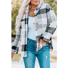 Gray Plaid Color Block Buttoned Long Sleeve Jacket with Pocket