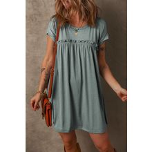 Mist Green Frilled Gathered Seam Round Neck T Shirt Dress