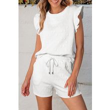 White Bow Jacquard Ruffle Sleeve Short 2pcs Outfit