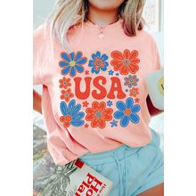 Pink Shimmer Flower USA Letter Printed Casual T Shirt