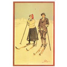 Carlo Pellegrini Switzerland Romantic Couple Skiing Poster Postcard