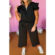 Black Plus Ruffled Sleeve Quarter Zip Top Wide Leg Pants Set