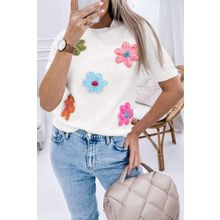 White Cute Flower Applique Short Sleeve Sweater