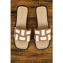 Beige Two Tone Contrast PU Leather Square Toe Slippers