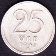 1945 Sweden 25 Ore Silver Coin