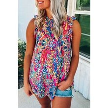 Rose Floral Print Tank Top with Ruffles