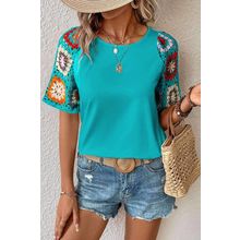 Turquoise Floral Crochet Short Sleeve Top
