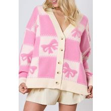 Pink Bowknot Checkered Pattern V Neck Drop Shoulder Button Up Cardigan
