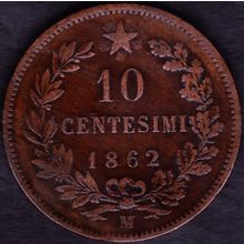 1862 M Italy 10 Centesimi Coin