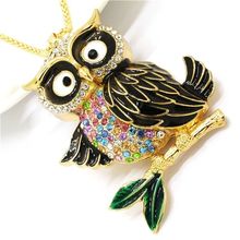 New Fashion Women Black Enamel Cute Owl Branch Crystal Pendant Chain Necklace