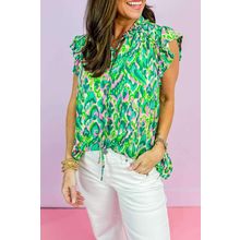 Green Abstract Print Ruffled Trim Tied Split Neck Tank Top