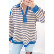 Blue Stripe Buttoned V Neck Collared Drop Shoulder Top