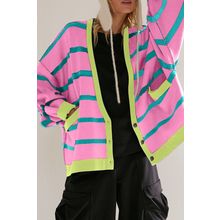 Pink Stripe Colorblock Drop Shoulder Buttoned Loose Cardigan