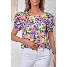 Purple Floral Print Puff Short Sleeve Crew Neck Blouse