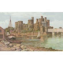 Conway Castle From River Sailing Boat Welsh Salmon Old Painting Postcard