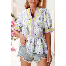 Purple Floral Print Striped Detail Split Neck Flounce Short Sleeve Peplum Blouse
