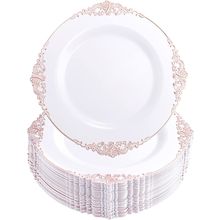 Morejoy 100 Pieces Rose Gold Plastic Plates - Rose Gold Disposable Plates - 10.2