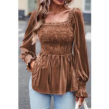 Chestnut Smocked Ribbed Velvet Babydoll Top