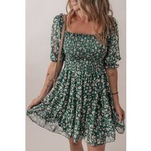 Green Smocked Square Neck Puff Short Sleeve Floral Dress