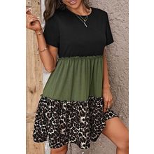 Jungle Green Leopard Print Colorblock Frill Trim T-shirt Dress