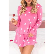 Pink Valentine Heart Print Long Sleeve Tee and Shorts Lounge Set