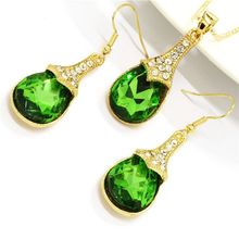 New Green Droplet Crystal Pendant Chain Fashion Women Necklace Earring Set