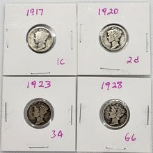 Silver Mercury Dimes 1917, 1920, 1923, 1928 Coins Lot of 4