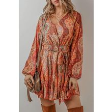Orange Boho Paisley Print Long Sleeve Pleated Belted Mini Dress