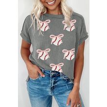 Medium Grey Twist Ribbed Sequined Bow Rugby Game Day Pattern Knit T Shirt