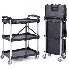 Foldable Utility Service Cart, 3 Shelf 165LBS Heavy Duty Plastic Rolling Car...