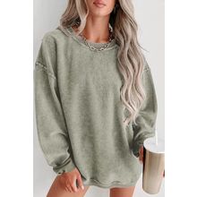 Green Solid Ribbed Knit Round Neck Pullover Sweatshirt