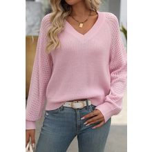 Pink V Neck Knitted Eyelets Raglan Sleeve Sweater