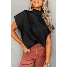 Black Patch Pocket Ribbed Knit Short Sleeve Sweater