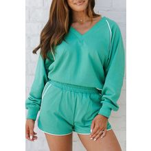 Dark Green Colorblock Trim V Neck Pullover Top and Shorts Set