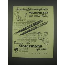 1949 Waterman's 515 and 877 Taperite Pens Ad - No matter what you pay for a pen